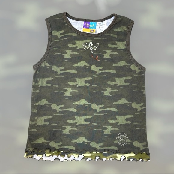 Y2K 2006 Disney Winnie The Pooh Camo Mesh Layer Tank Top Girls 10/12 Lettuce Hem - Picture 1 of 8